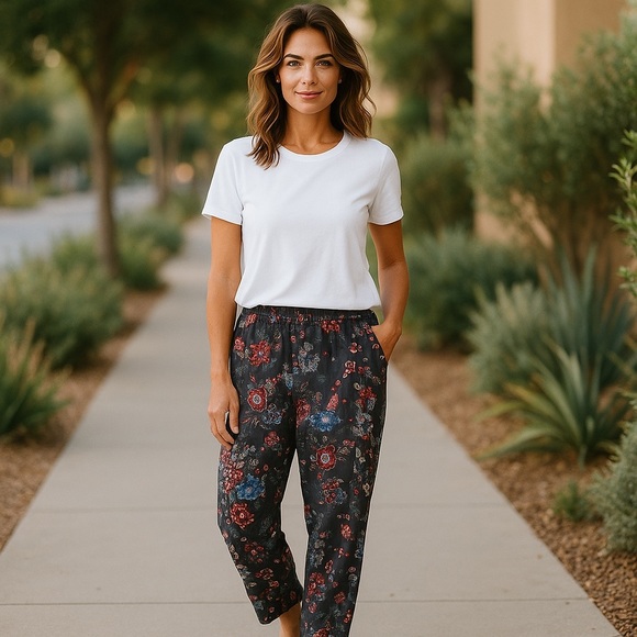 LOFT Pants - LOFT Black Floral Pull On Pants